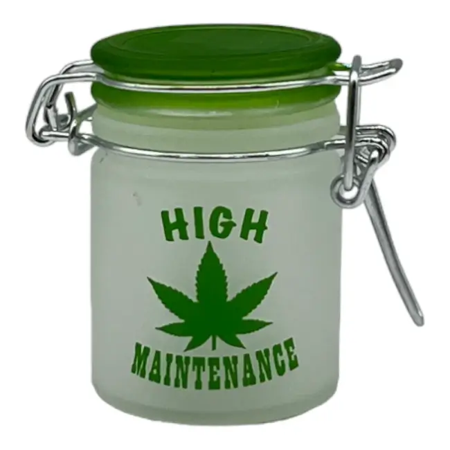 TMI SMALL WHITE AND GREEN STASH JAR "HIGH MAINTENCE"