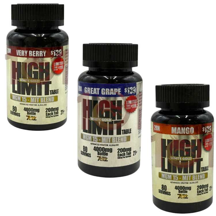 HIGH LIMIT WHITE GOLD MGM 15 SP 20CT/$119  KRATOM EXTRACT TABLET 200MG 20CT JAR